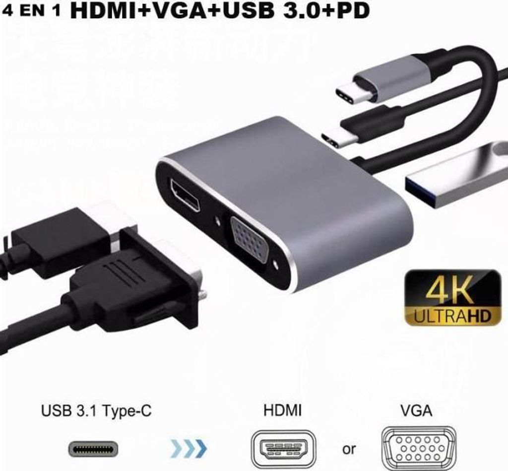 4-in-1-USB-C-Multiport-Hub (Typ C) mit HDMI 4K, VGA, USB 3.0 und Typ C (silberfarben)