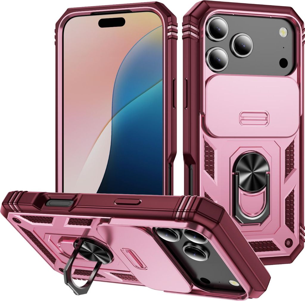 iPhone 17 Pro Hülle, Schiebe Kamera Schutz Stoßfest Schutzhülle mit Ringhalterung Ständer für iPhone 17 Pro Rosa