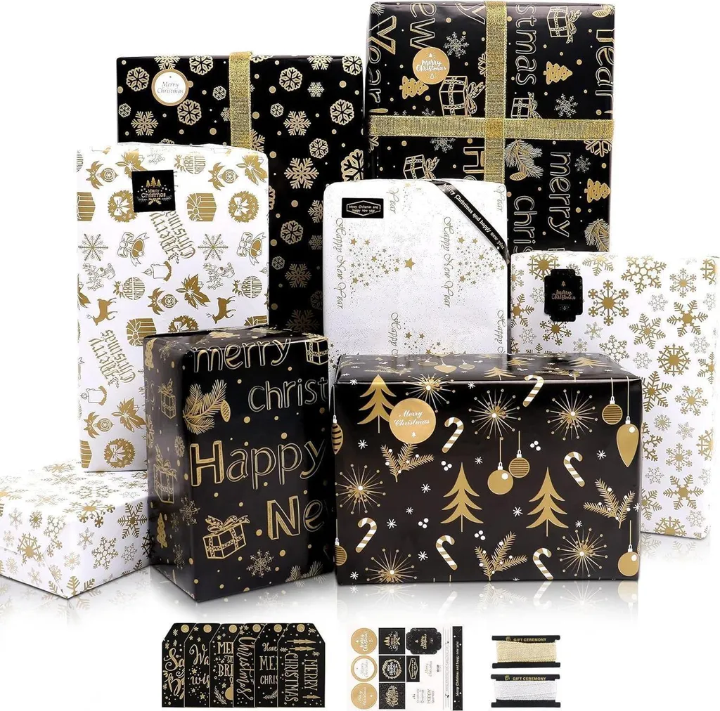 Papier de Noël 70x50cm flocon de neige or et noir - 6 feuilles résistantes