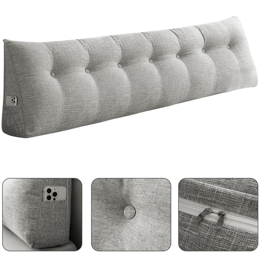 200cm Keilkissen Bett Großes Rückenkissen Bett Lesekissen für Bett und Sofa,Bettkissen Wandkissen Bett Lendenkissen mit Seitentaschen Grau (Leinen)