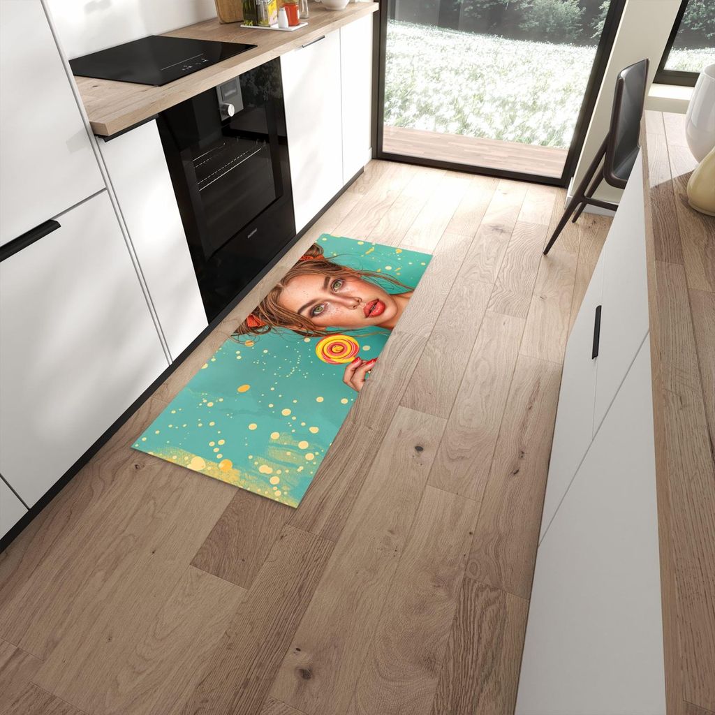 Küchenteppich 60x150cm rutschfest & abwischbar PVC Läufer - Frau Mit Lollipop