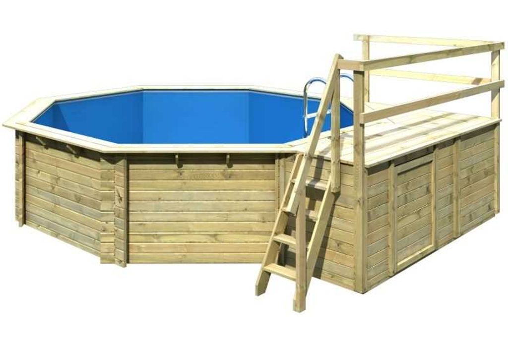 Aufstellpool Holzpool-Set Karibu Classic 2C rund Ø 470x124 cm inkl. Leiter, Bodenschutzvlies, Sonnendeck & 1 Flügel Holz