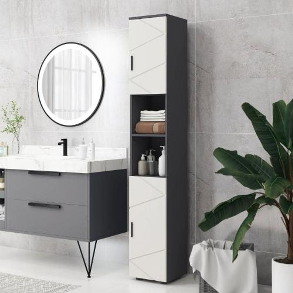 Badezimmerschrank 30x30x183cm Grau Schmal Hochschrank Verstellbarem Regal 2 Offenen Faechern Badschrank Kleine Raeume Badezimmer Wohnzimmer Schrank