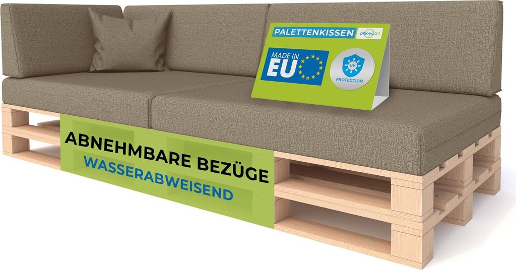 Pillows24 - Palettenkissen mit abnehmbarem Bezug - 6ER SET | Polster für Europaletten 120x80 Sofa - Wasserfest - Outdoor/Indoor | Cappuccino