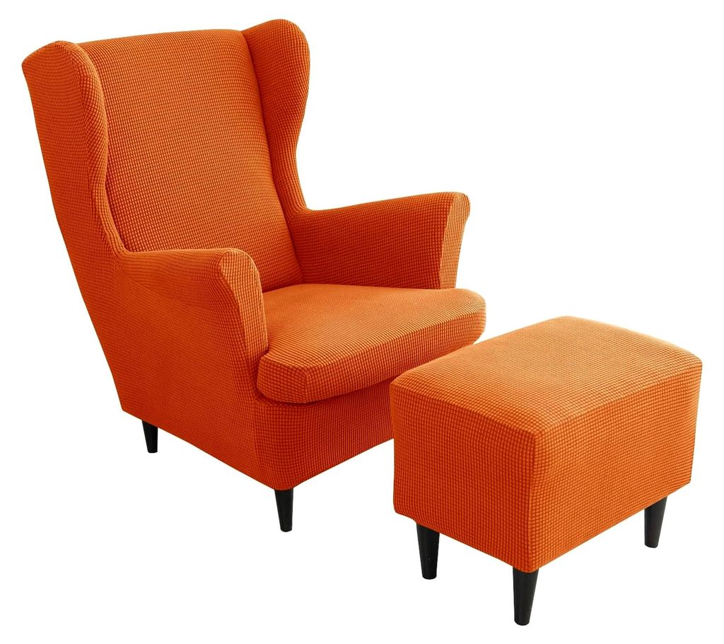 Stretchbezug für Ohrensessel mit Ottomanen, 2 Stück Jacquard Hockerbezug für Hunde und Katzen - Orange - 3 Stück