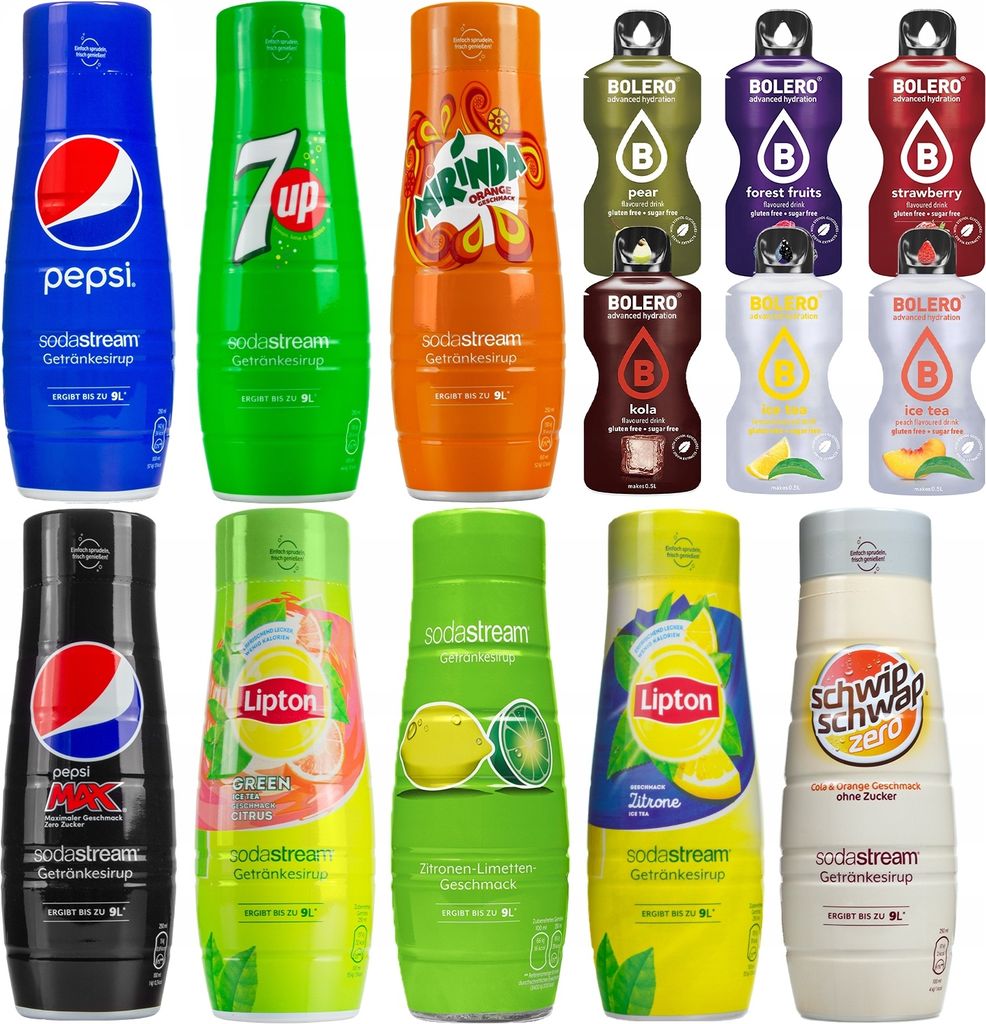 Sodastream Sirup Set 8x440ml Pepsi Lipton 7UP Mirinda Schwip Bolero Gratis