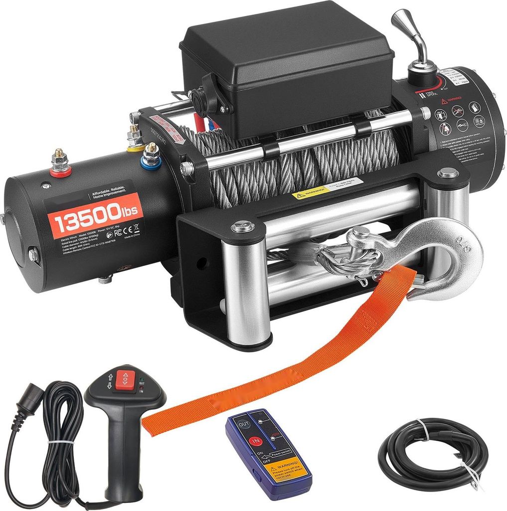 Elektrische Seilwinde - 12 V Offroadwinde - 6100 kg Zugkraft - 24 m Seil - Funk- & Kabel-Fernbedienung - IP55 - Für SUV, Geländewagen, Anhänger ...