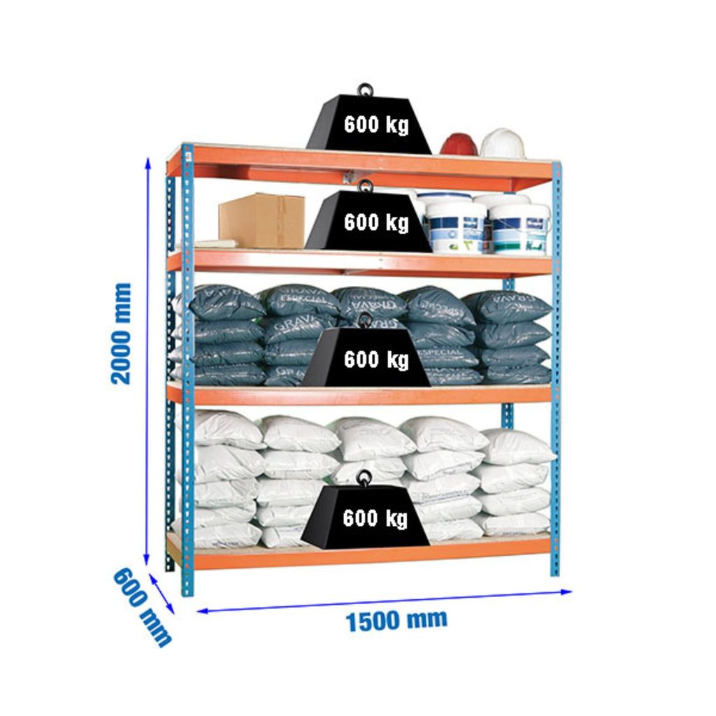 Schwerlastregal WOOD BEAST FOUR | HxBxT 200x150x60cm | 4 Ebenen | Fachlast 600kg | Blau-Orange | Weitspannregal Werkstattregal Lagerregal Kellerreg...