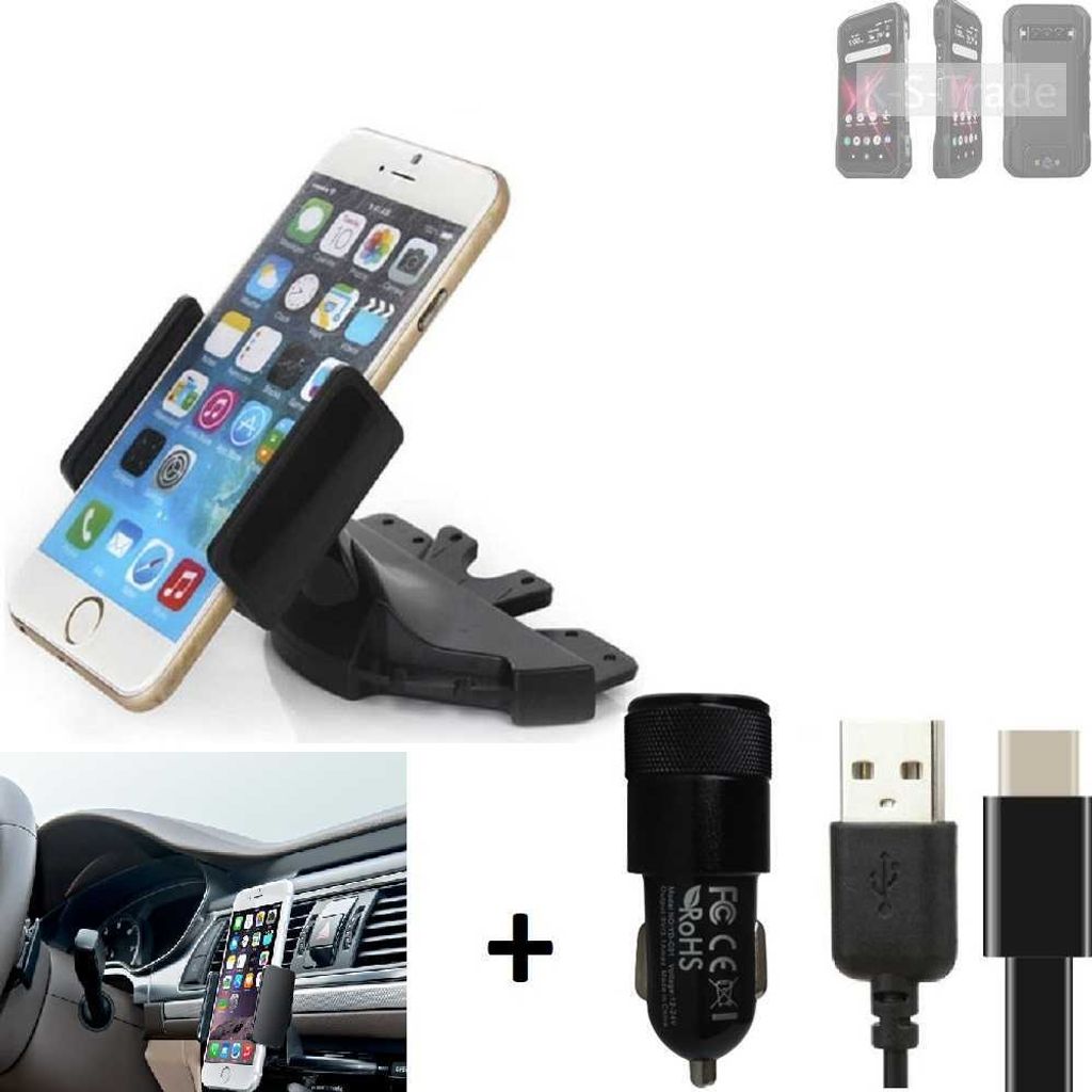 K-S-Trade CD Schlitz Handy-Halterung kompatibel mit Kyocera DuraForce Pro 3 Autohalterung KFZ-Halter Radio Handy Halterung 360° drehbar CD-Schacht