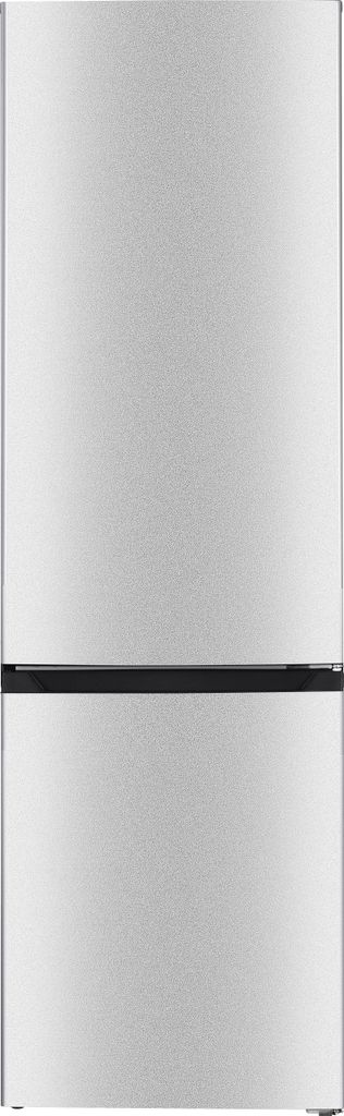 A front view of a silver and black refrigerator.