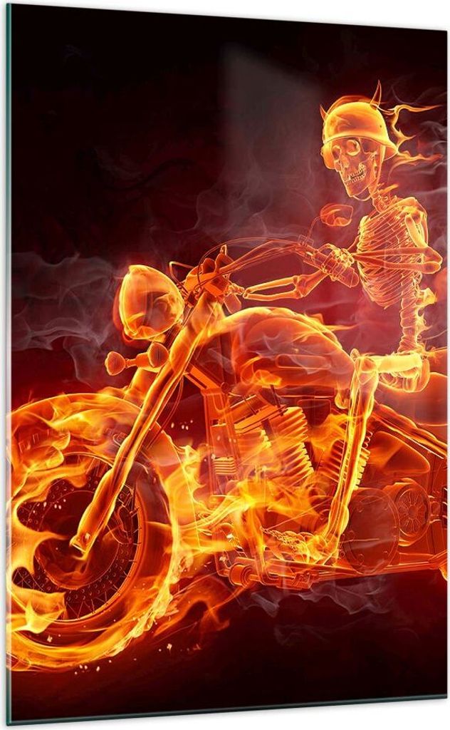Bilder auf glas - Einteilig - Motorrad Flammen Skelett - 70x100cm - Glasbilder - Wandbilder - Bilder - zum Aufhängen bereit - Wanddekoration aus G...