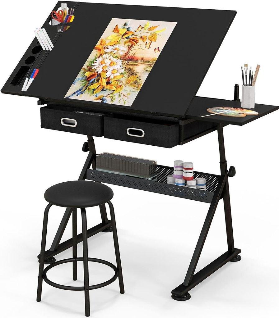 Zeichentisch höhenverstellbar & neigbar, Architektentisch mit Hocker & ausziehbarer Arbeitsfläche, Kunsttisch aus Holz (Schwarz)