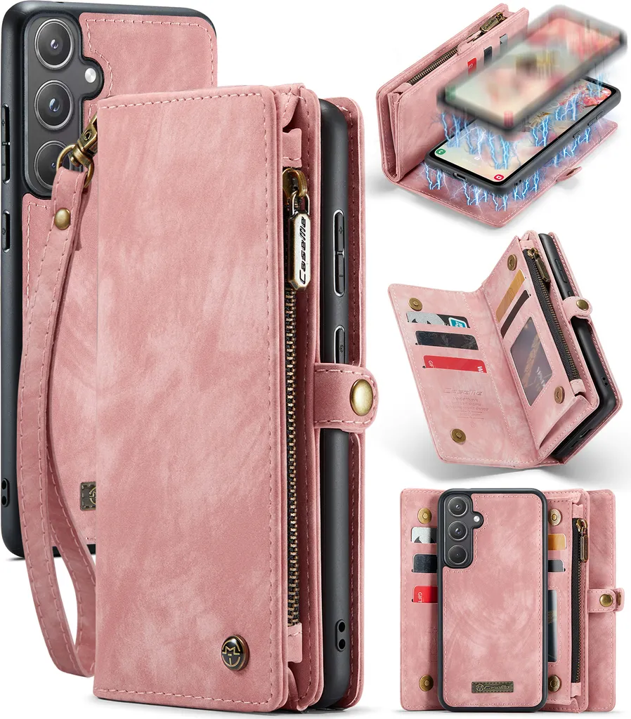 Custodia Samsung Galaxy A55 Pelle Vintage Rosa con Cerniera e Slot