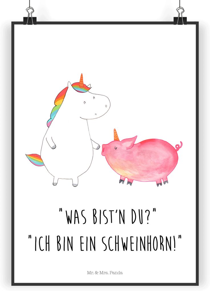 Mr. & Mrs. Panda Bild Einhorn Schwein DIN A5 - Weiß - Geschenk, wanddeko, wandkunst, Unicorn, Einhörner, Freundin, drucke, Schweinchen, Wanddekor...