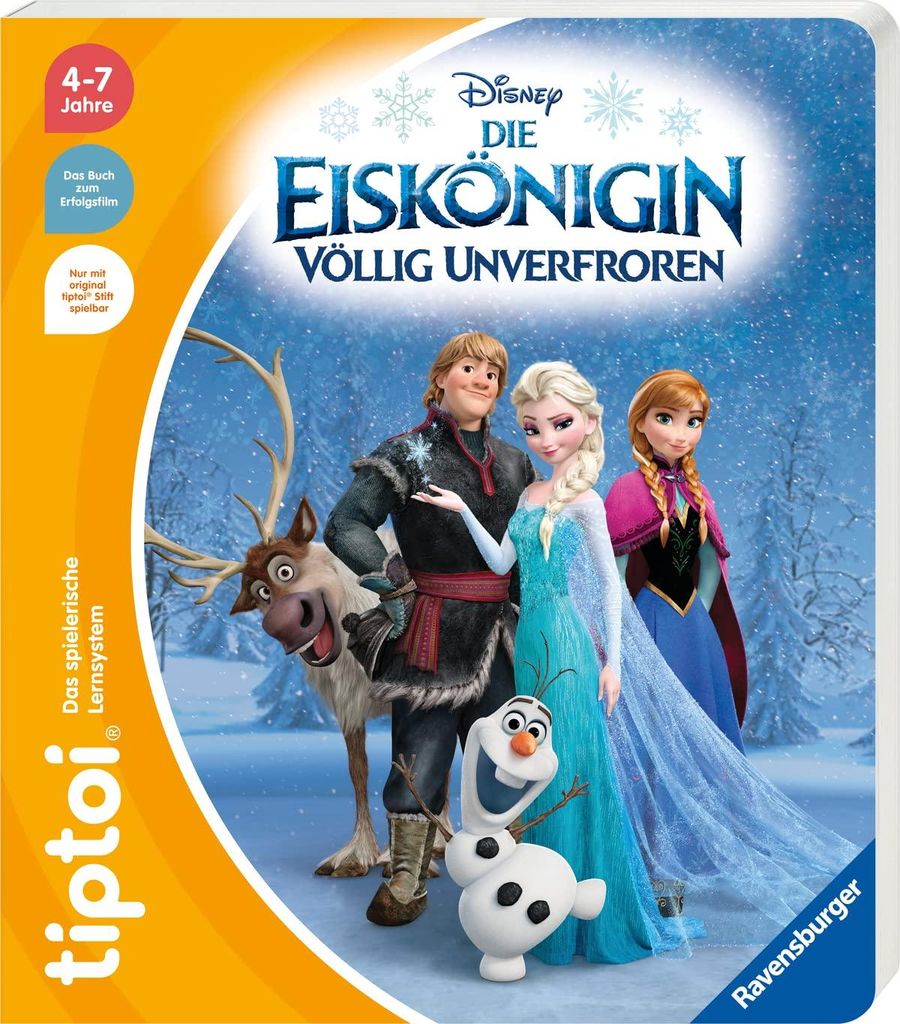 The cover of a Ravensburger tiptoi book titled 'Die Eiskönigin - Völlig unverfroren' (Frozen) featuring characters from the movie.
