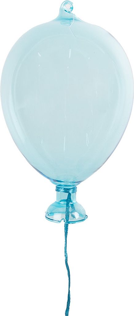 A light blue glass balloon ornament with a string.