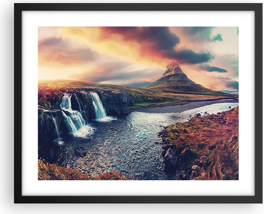 Gerahmtes Poster - Schwarzer Rahmen - Wasserfall Himmel Berg - 50x40 cm - Wand Bild - Wanddeko - Wandbilder - Kunstposter - Wandposter - Bilderrahm...