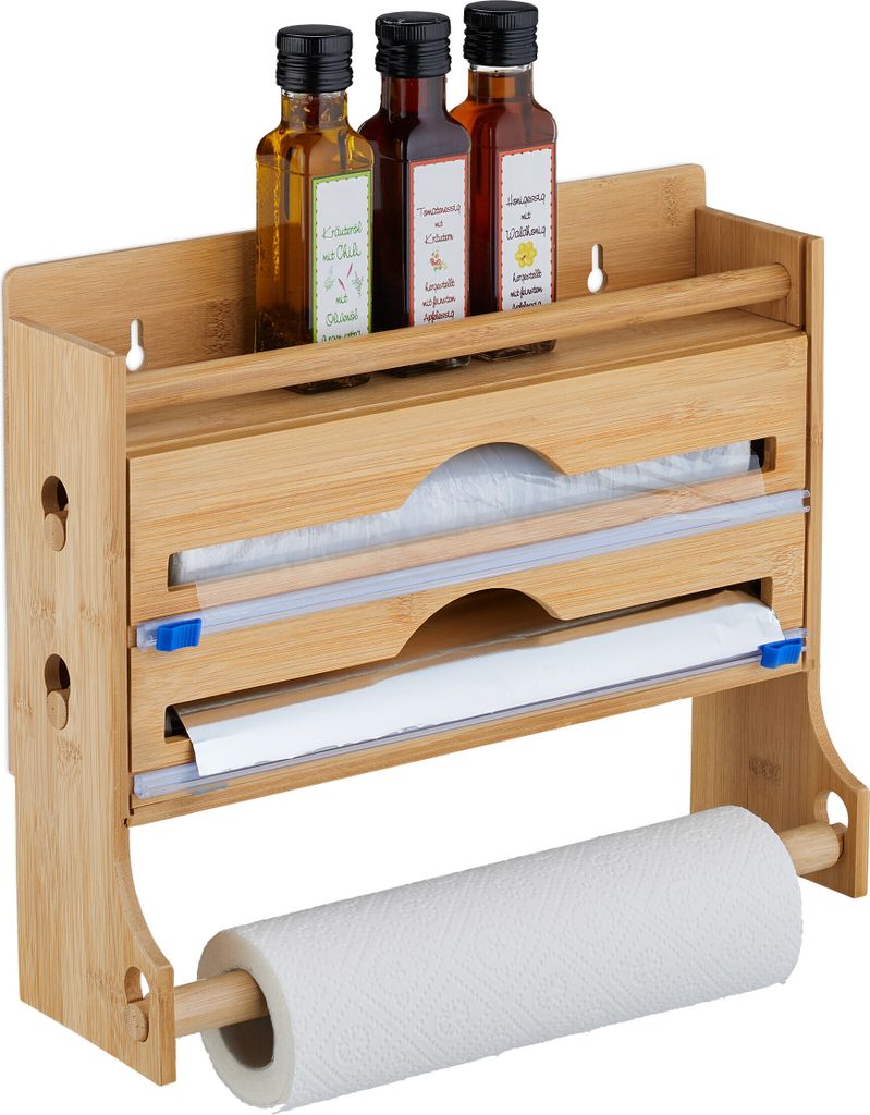 Relaxdays Wandrollenhalter 3-fach, Küchenrolle, Alufolie, Produktbild 