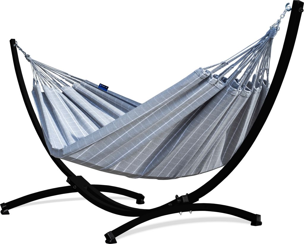 Potenza Outdoor Catargo Hängematte mit Gestell für 2 Personen I Baumwolle Doppelhängematte XXL 220x160, 220kg I Schwarz Hängemattengestell 220k...