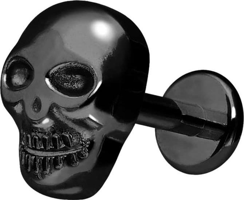 Ohrpiercing, Nasenpiercing Premium Titan Labret mit Innengewinde TOTENKOPF Schwarz Stablänge: 6mm