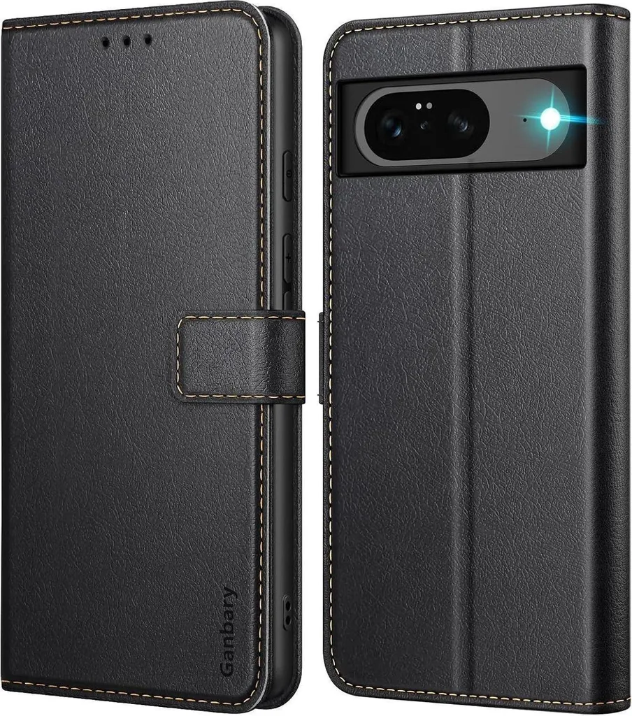 Custodia per cellulare Google Pixel 8 in pelle flip cover nera - slot per schede, chiusura magnetica, funzione stand
