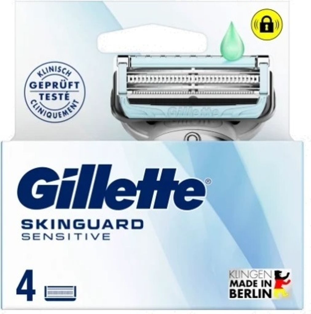 A product package for Gillette SkinGuard Sensitive razor cartridges.