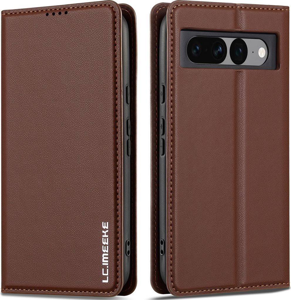 Handyhülle für Google Pixel 7, Magnetische Flip Leder Hülle mit Kartenfach und Standfunktion Braun