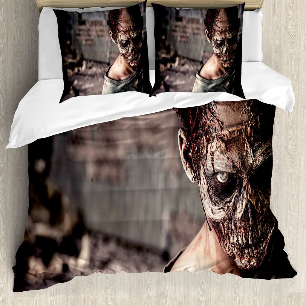 ABAKUHAUS Zombie Bettbezugs Set Für Doppelbetten, Gruseliger Blick Tote Killer, Milbensicher Allergiker geeignet mit Kissenbezügen, Mehrfarbig