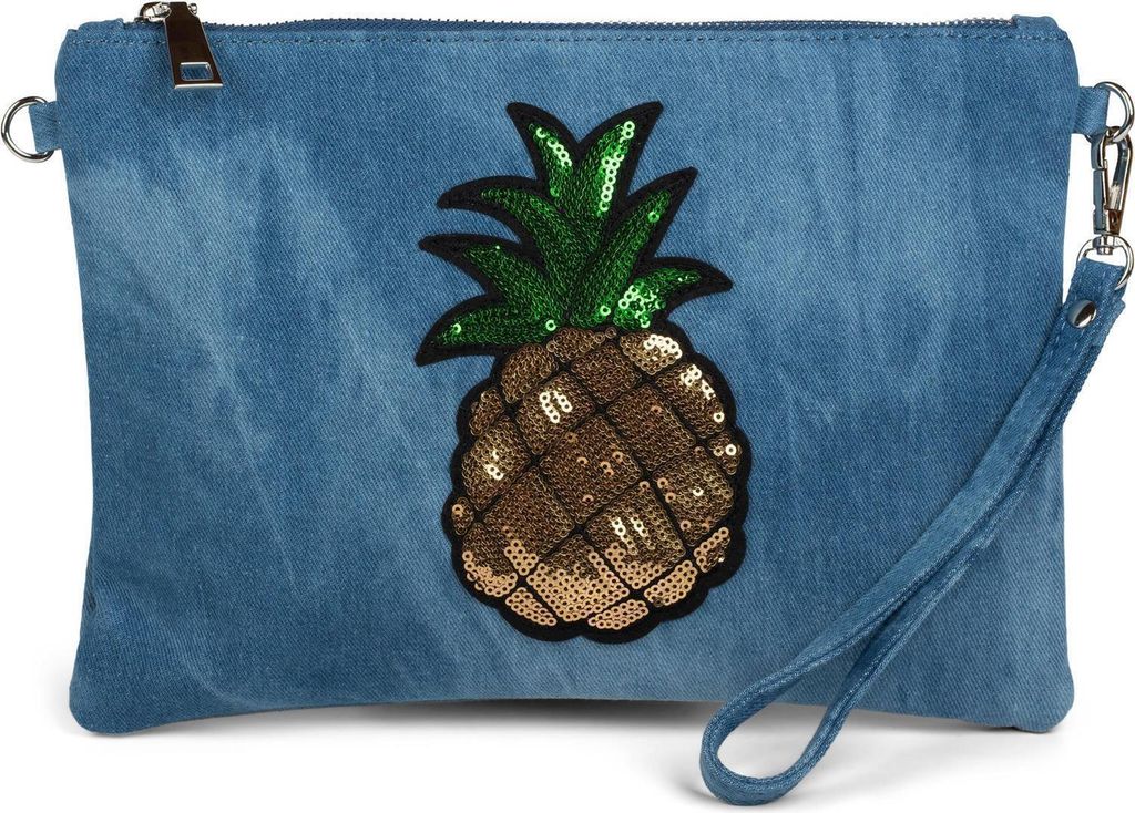 styleBREAKER Jeans Clutch mit glitzer Pailletten Ananas, Schulterriemen und Handschlaufe, Tasche, Damen 02012176