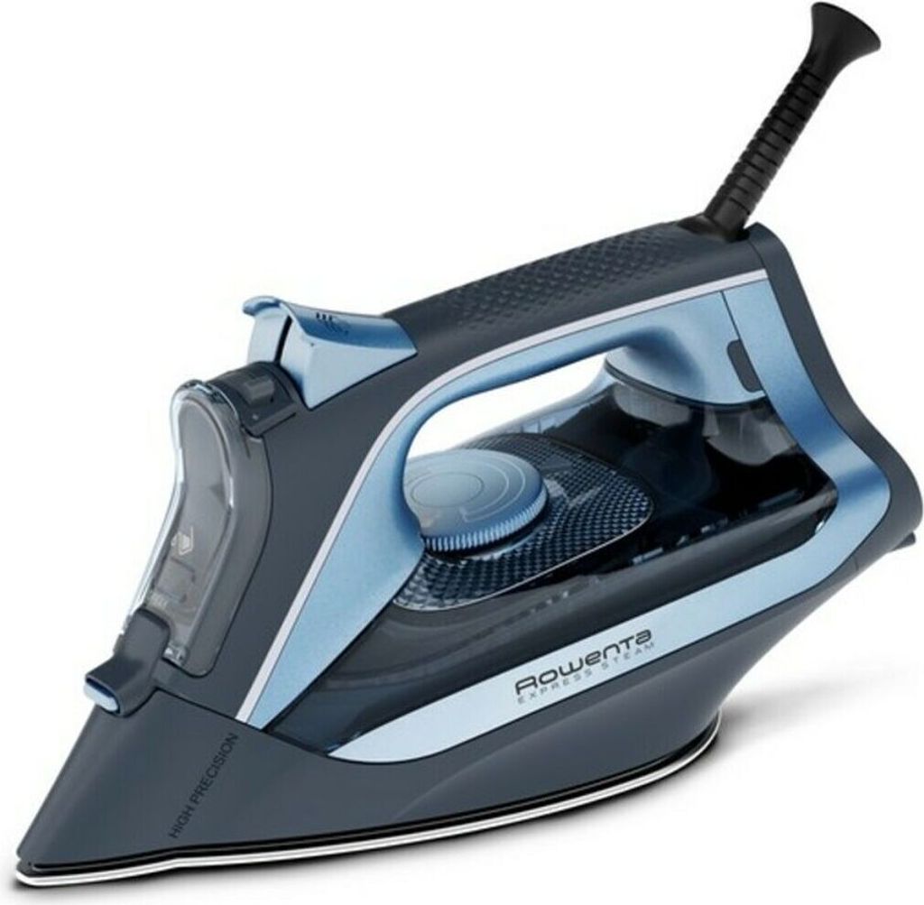 A studio shot of a black and blue Rowenta steam iron against a white background.