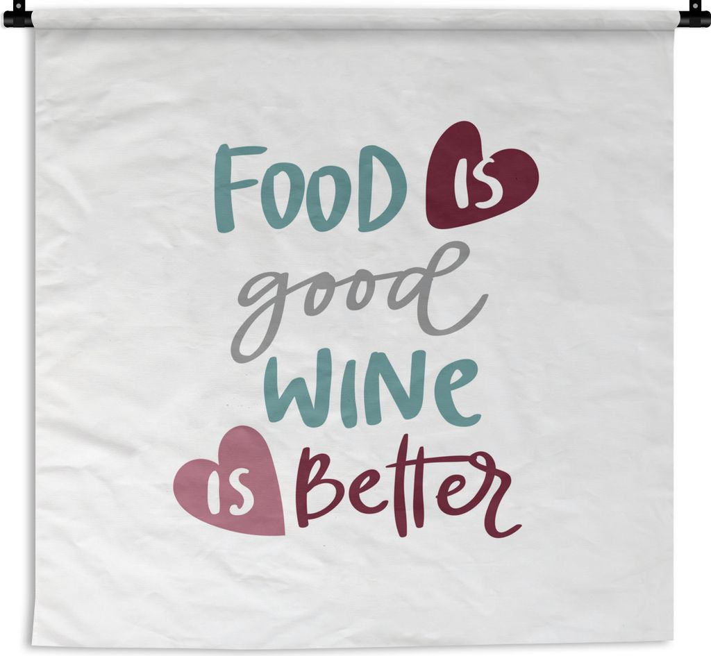 MuchoWow Wandteppich Wandbehang Essen ist gut, Wein ist besser' - Weiß - Sprichwörter - Zitate 120x120 cm Tapisserie Dekoration Wandtuch - Mode...