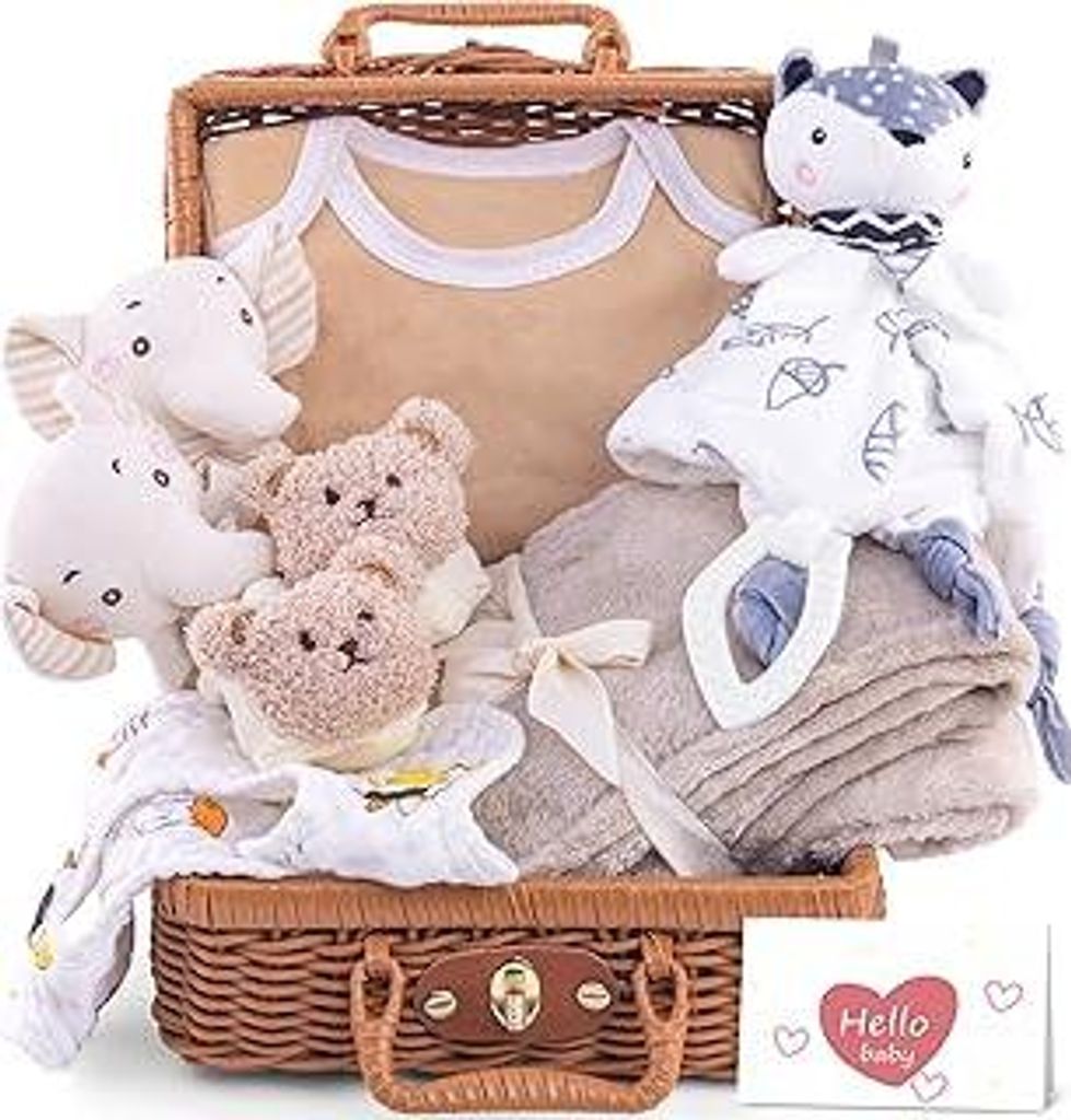 Baby Geschenk Jungen Mädchen, Baby Gift Set, Babygeschenkset, Neugeborenen-Geschenk mit Strampler, Badetüchern, Lätzchen, Socken, Rassel, Erinne...