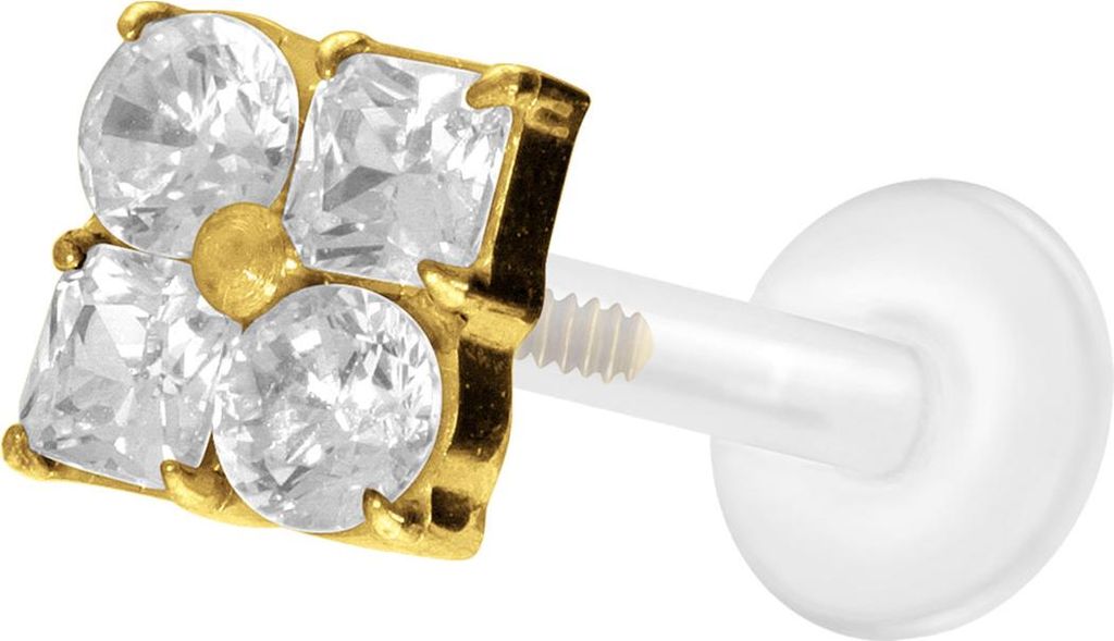 Ohrpiercing, Nasenpiercing PTFE Labret mit Innengewinde + Titan-Aufsatz KRISTALLBLUME Gold Stablänge: 10mm | Stabstärke: 1,2mm