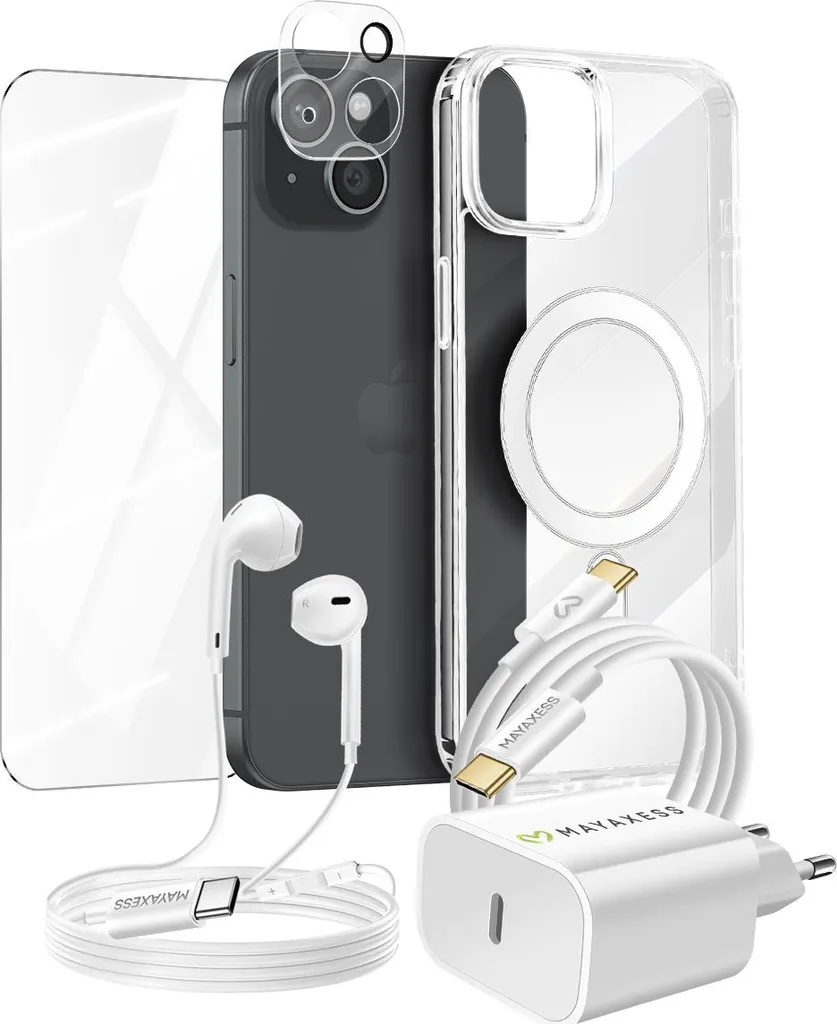 Pack Mayaxess iPhone 15 avec coque transparente et verre de protection