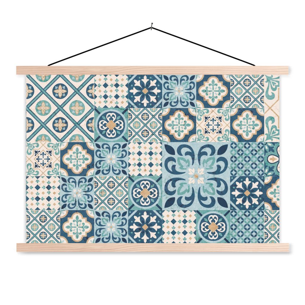 MuchoWow Textilposter Blumen - Blau - Design - Fliese 60x40 cm mit holzfarbenen Rahmen - Bilder