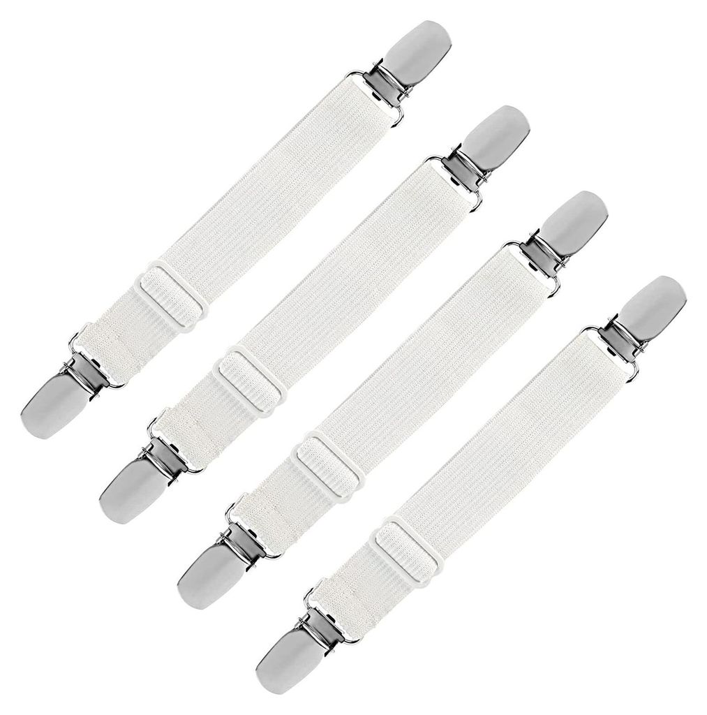 Four white elastic straps with silver clips, arranged diagonally on a white background.