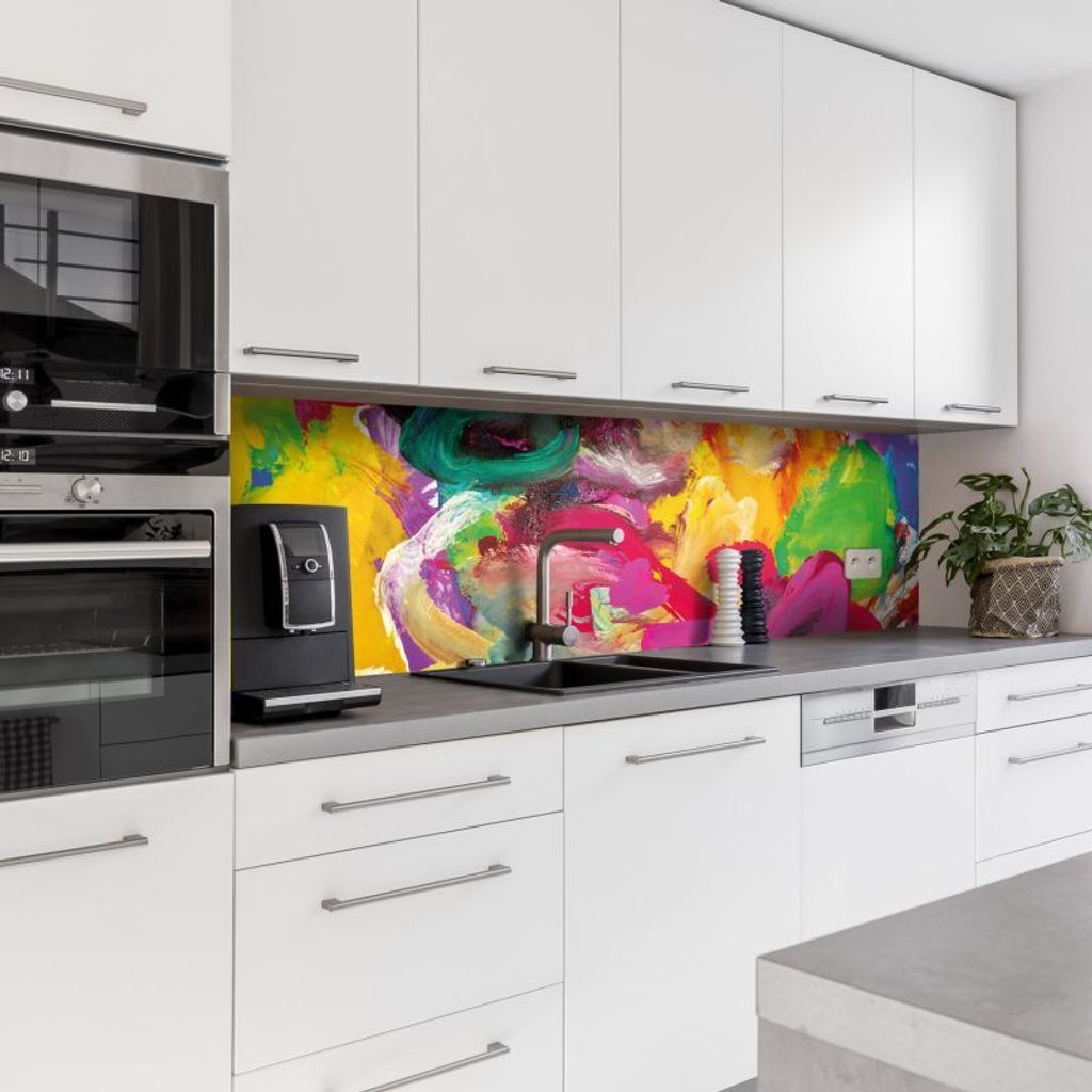 Dedeco Küchenrückwand Motiv: Kunst V1, 3mm Aluminium Alu-Platten als Spritzschutz Küchenwand Verbundplatte wasserfest, inkl. UV-Lack matt, alle ...