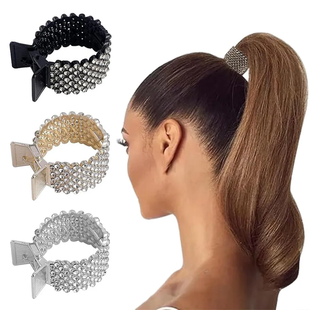 Lot de 3 barrettes cheveux en métal et strass pour queue de cheval haute