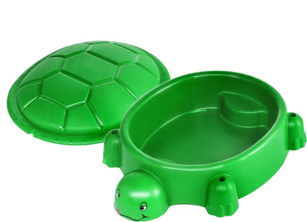 Bac à sable tortue plastique vert avec capot de protection enfant