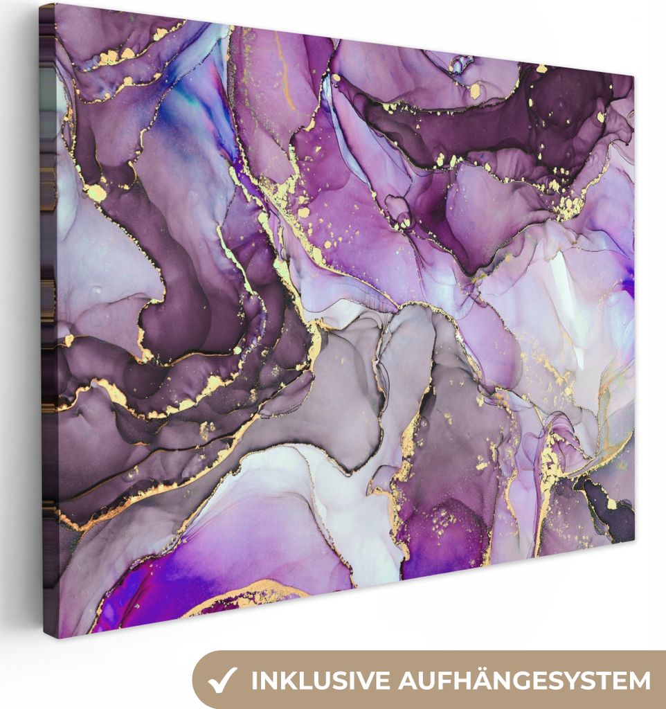MuchoWow - Leinwandbilder - Marmor - Rosa - Lila - Gold, Wandbild, Wanddeko Bilder Wohnzimmer, 40x30 cm
