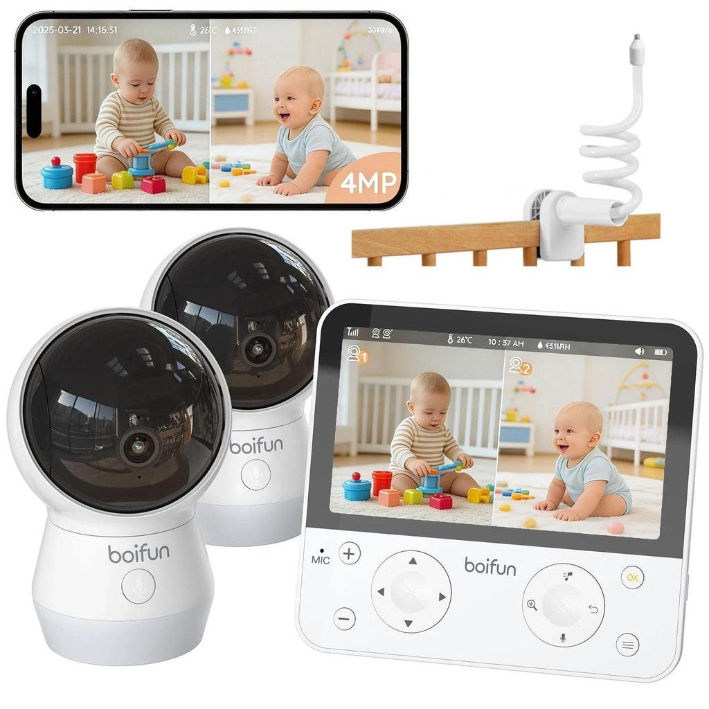 BOIFUN Split-Screen Babyphone mit 2 Kameras, 5.5" HD 4MP mit Halterung Nachtsicht, 360° WLAN Video Babyfon mit App, Musik & Buntes Nachtlicht