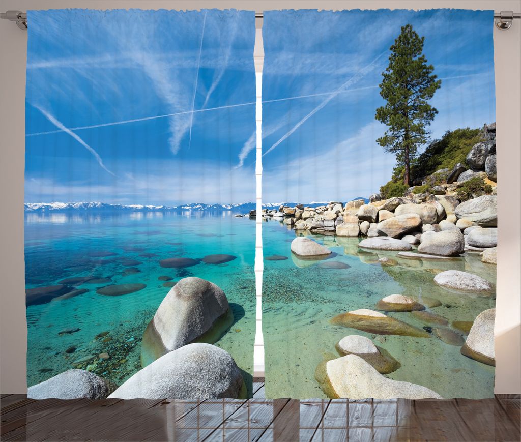 ABAKUHAUS Natur Rustikaler Gardine, al Tropical Tahoe, Schlafzimmer Kräuselband Vorhang mit Schlaufen und Haken, 280 x 175 cm, Blau grau