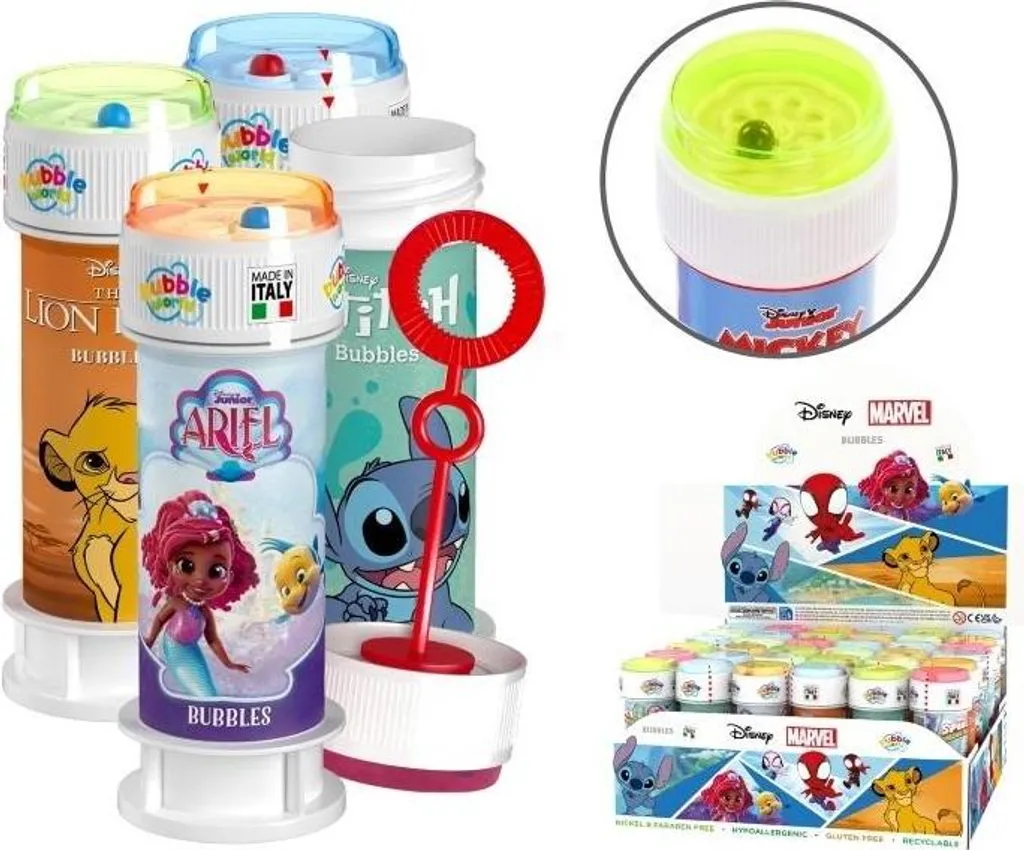 Tubes à bulles Disney Marvel 60ml avec jeu sur bouchon lot de 36