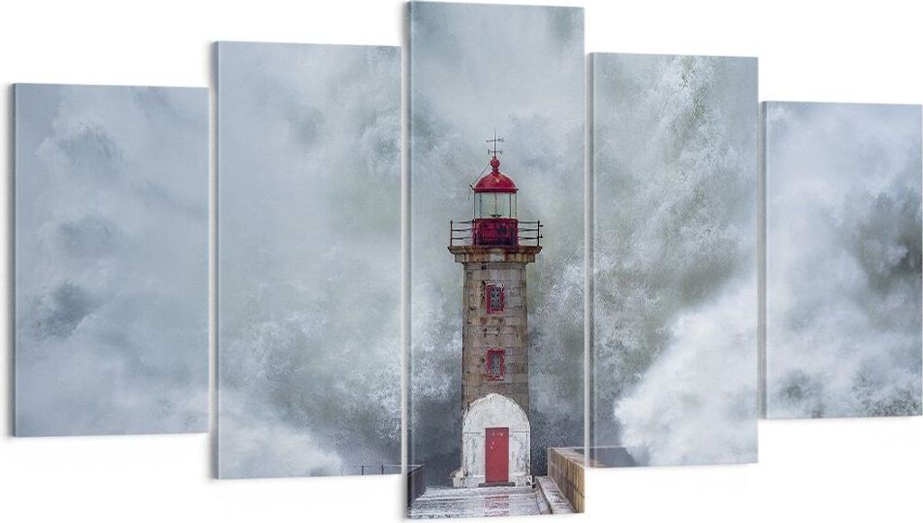 Bild auf Leinwand - Leinwandbild - 5 Teile - Laterne Meer Sturm - 160x85cm - Wand Bild - Wanddeko - Wandbilder - Leinwanddruck - Bilder - Wanddekor...