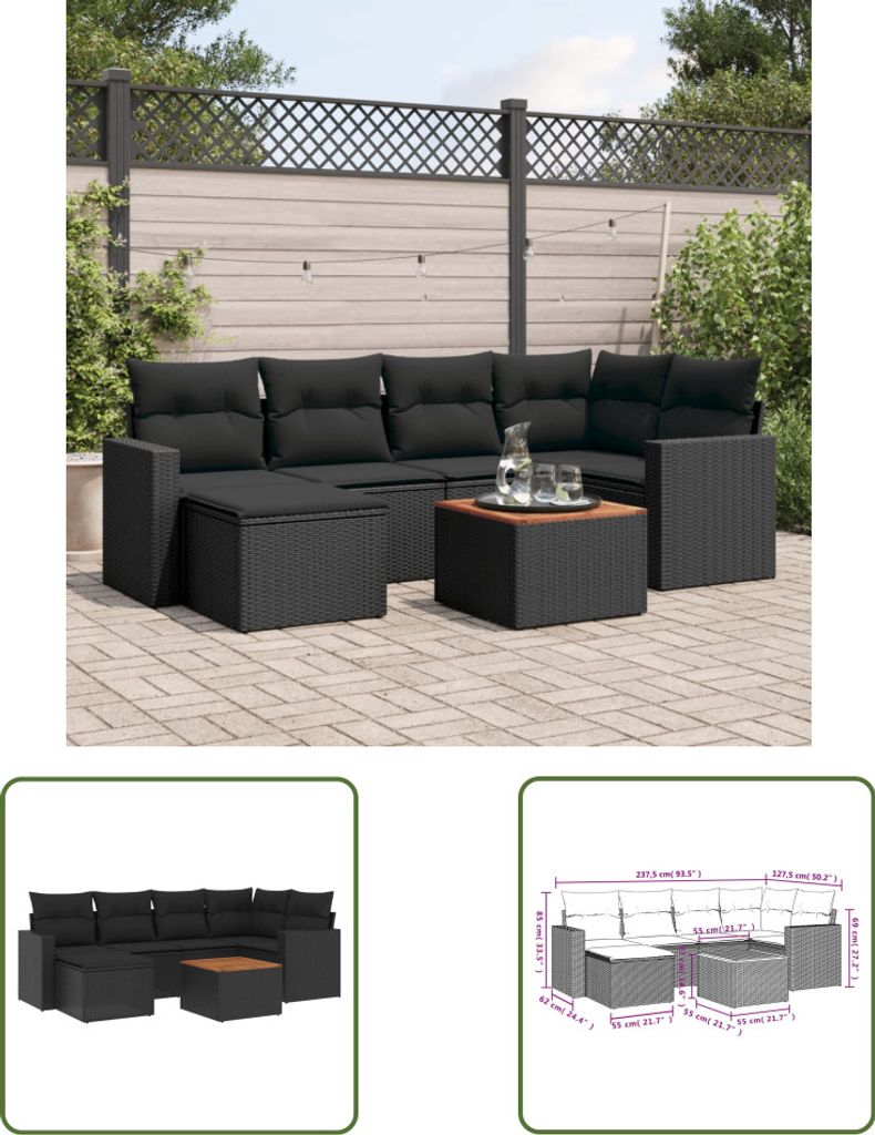 The Living Store 7-tlg. Garten-Sofagarnitur mit Kissen Schwarz Poly Rattan