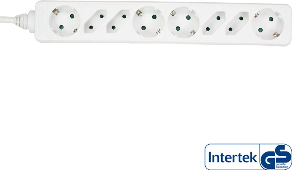 A white power strip with multiple outlets and a cord.