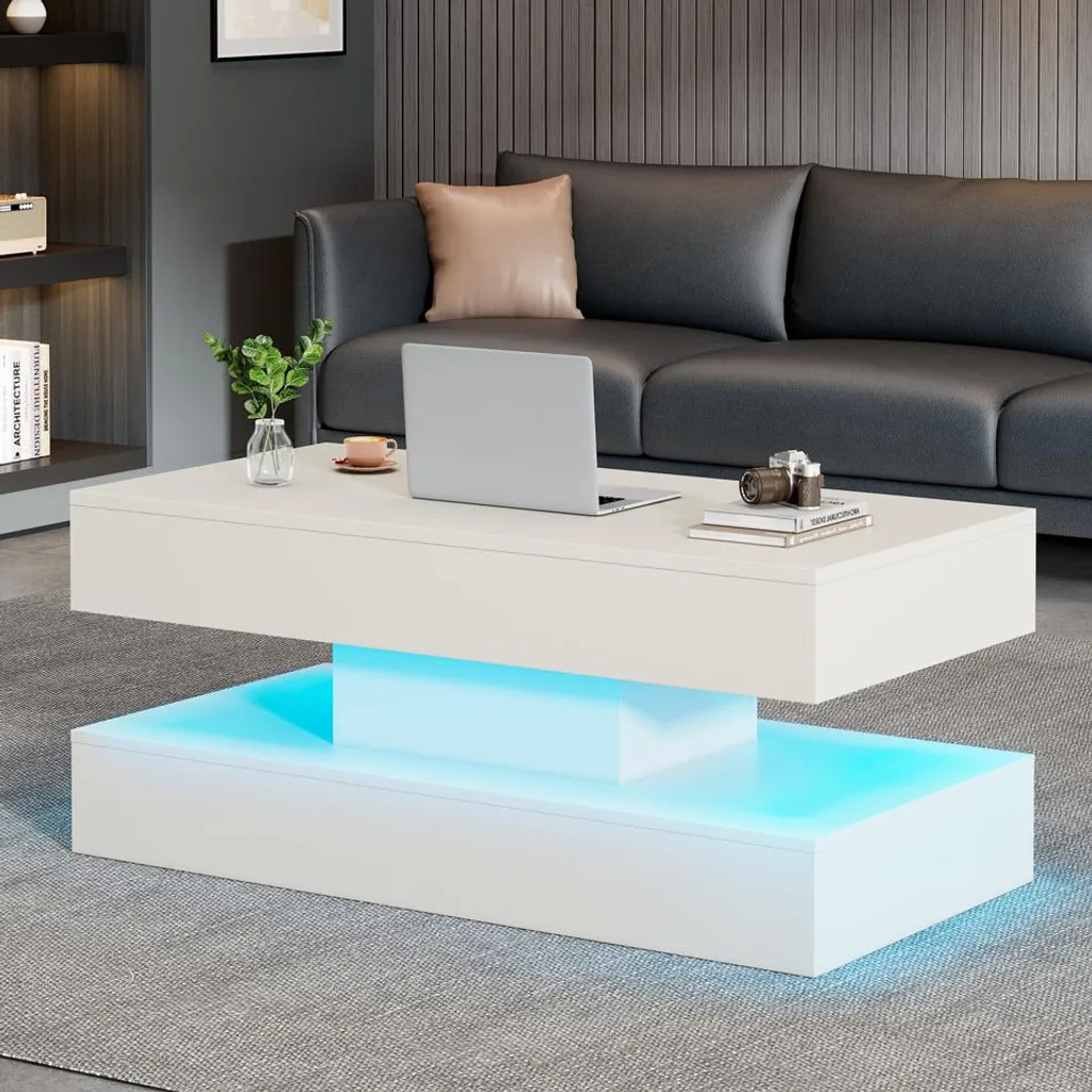 Table Basse Transformable à Plateau Relevable et LED Design Blanc - 3