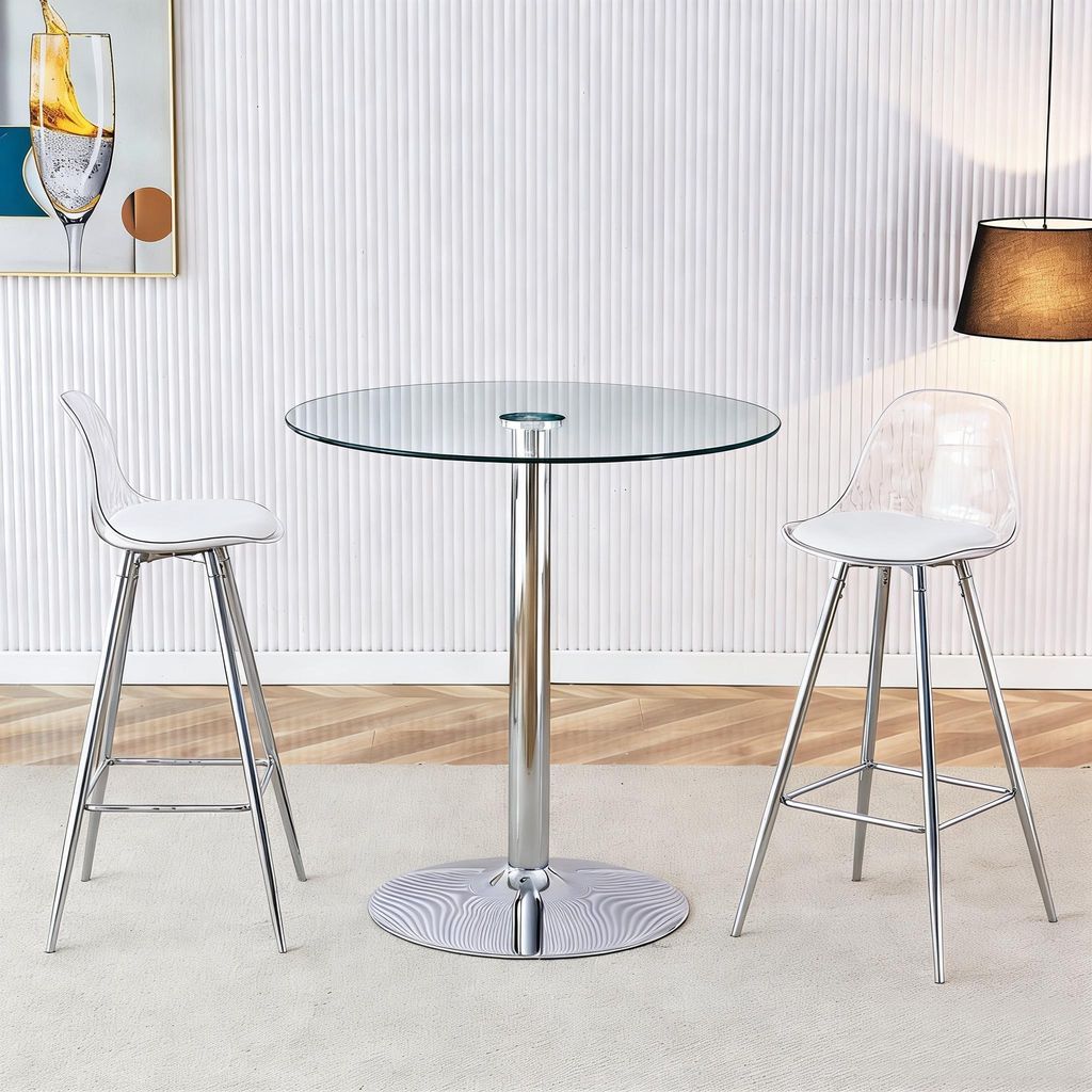 STILVORA Glastisch mit 89 cm Durchmesser und transparenter Optik, die visuelle Weite schafft und Platz spart, Barhocker-Set mit 2 Hockern und silbe...