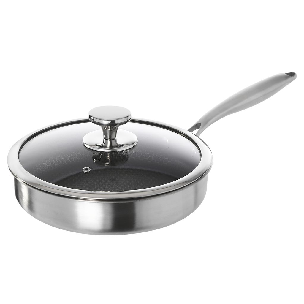 A stainless steel frying pan with a glass lid and a silver handle, shown on a white background.