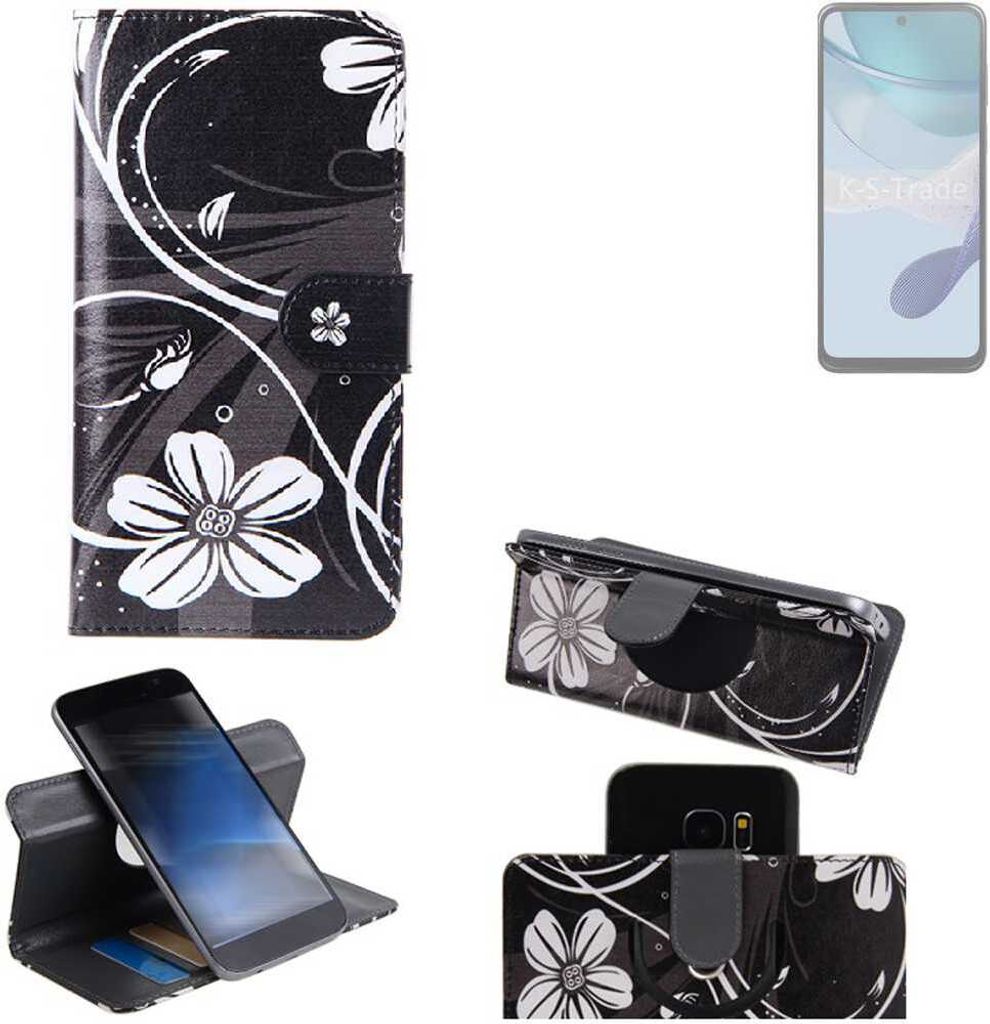 K-S-Trade Schutzhülle Handyhülle kompatibel mit Motorola Moto G53j 5G Hülle 360° Wallet Case “Flowers“ Klapphülle Hülle schwarz-weiß 1x